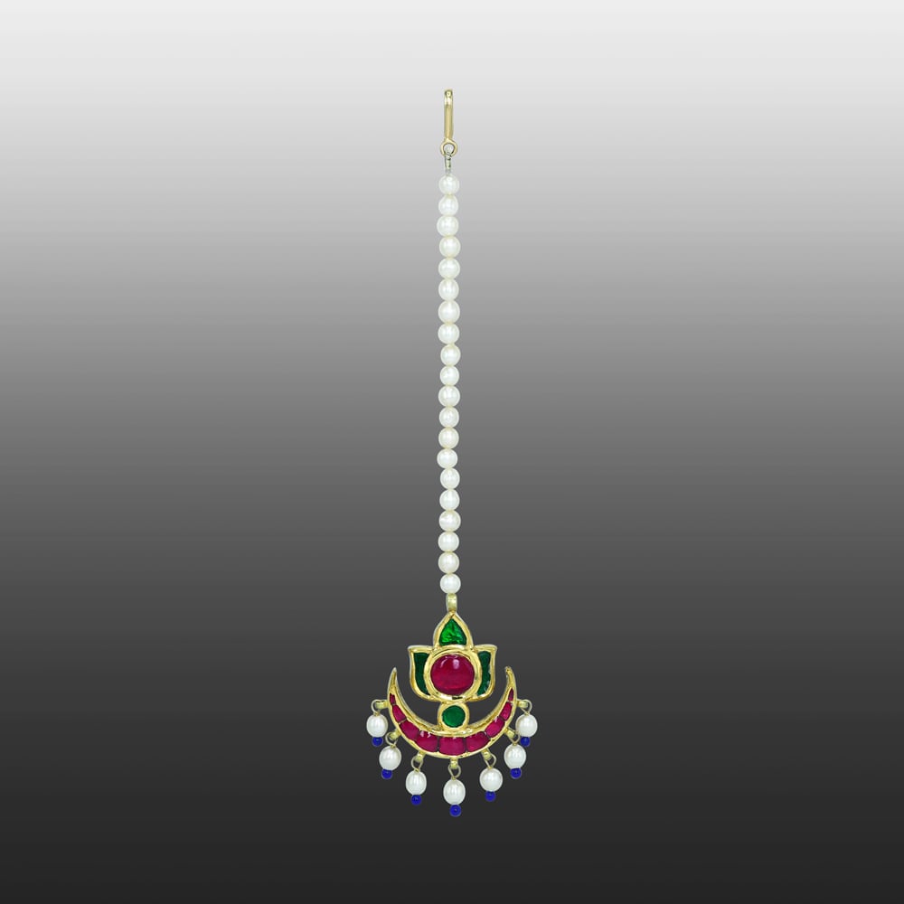 Crescent Cabochon Mangtikka with Red-Green Stones and Pearls